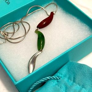 Tiffany & Co. Frank Gehry sterling silver jade wood dangle fish Pendant Necklace